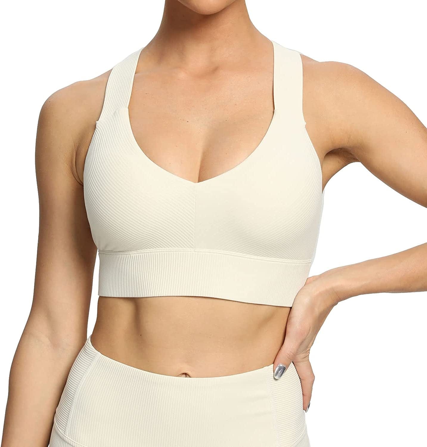 Altiland High Impact Supportive Sports Bras for Women, V Neck Padded Workout Yoga Fitness Running Athletic Tops Light Ivory / Small