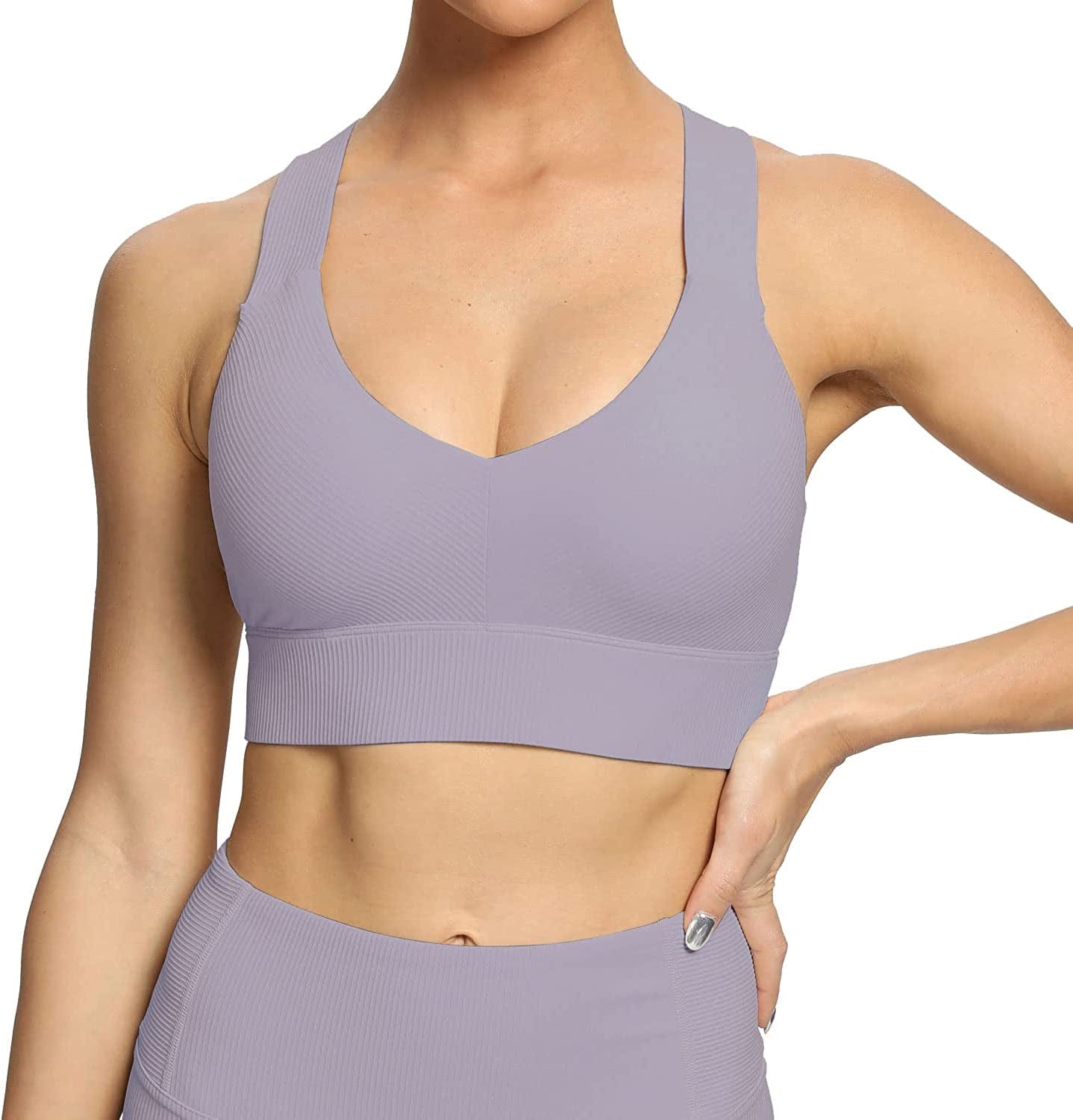 Altiland High Impact Supportive Sports Bras for Women, V Neck Padded Workout Yoga Fitness Running Athletic Tops Violet Verbena / Small