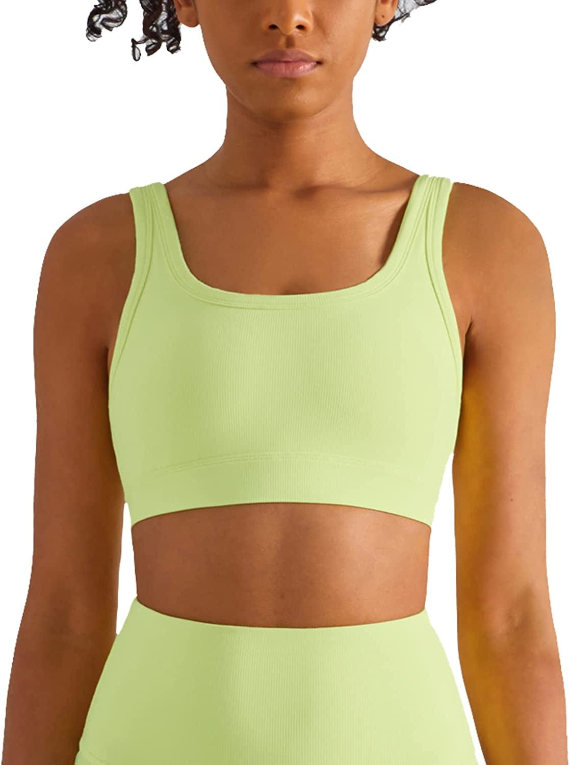 Altiland High Impact Supportive Sports Bras for Women, V Neck Padded Workout Yoga Fitness Running Athletic Tops Neon Yellow / Medium