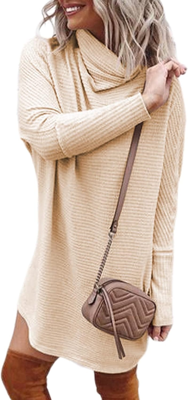 Alvaq Womens 2023 Fall Turtleneck Long Sleeve Waffle Knit Dresss Casual Pullover Short Sweater Dresses A Beige / Medium