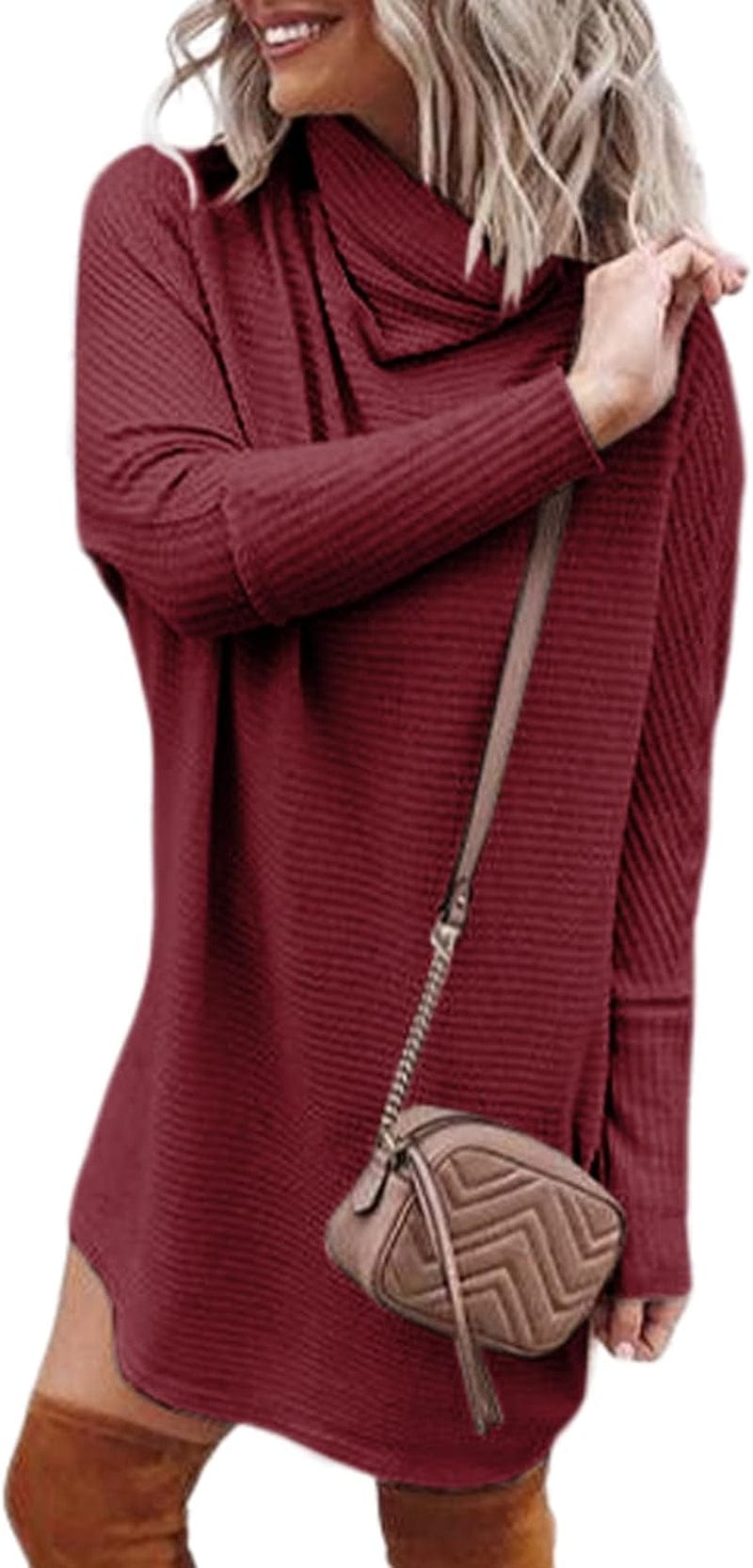 Alvaq Womens 2023 Fall Turtleneck Long Sleeve Waffle Knit Dresss Casual Pullover Short Sweater Dresses A Red / Medium