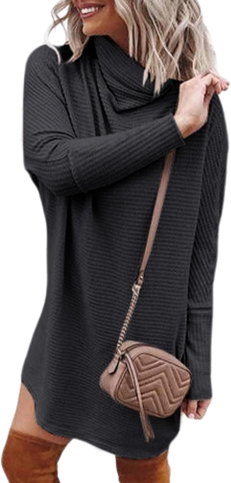 Alvaq Womens 2023 Fall Turtleneck Long Sleeve Waffle Knit Dresss Casual Pullover Short Sweater Dresses A Black / Large