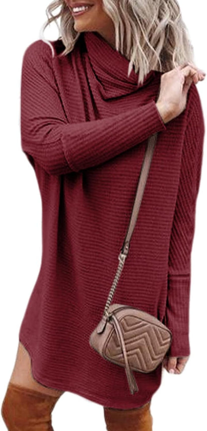 Alvaq Womens 2023 Fall Turtleneck Long Sleeve Waffle Knit Dresss Casual Pullover Short Sweater Dresses A Red / Small