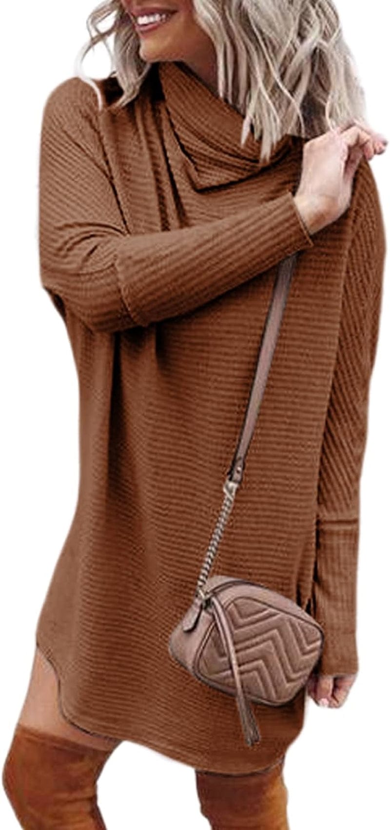Alvaq Womens 2023 Fall Turtleneck Long Sleeve Waffle Knit Dresss Casual Pullover Short Sweater Dresses A Khaki / Medium