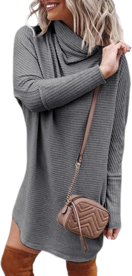 Alvaq Womens 2023 Fall Turtleneck Long Sleeve Waffle Knit Dresss Casual Pullover Short Sweater Dresses
