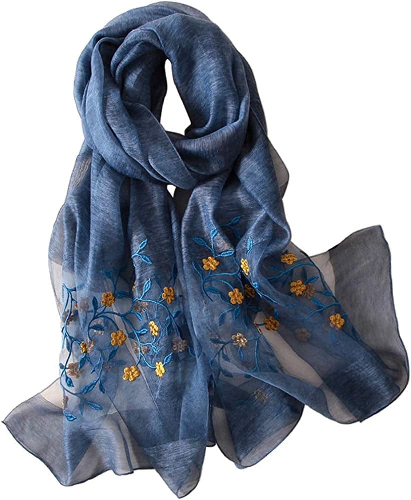 Alysee Women Lovely Silk&Wool Mixed Floral Embroidered Scarf Shawl Wrap Apparel & Accessories > Clothing Accessories > Scarves & Shawls Alysee Navy Blue  
