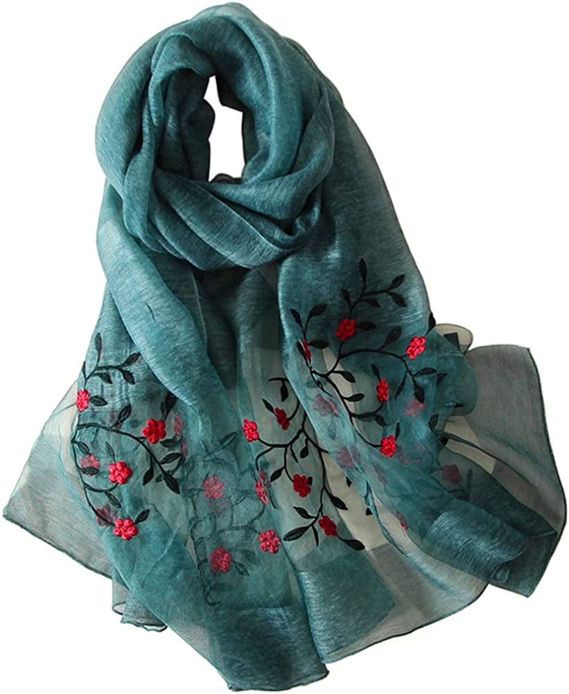 Alysee Women Lovely Silk&Wool Mixed Floral Embroidered Scarf Shawl Wrap Apparel & Accessories > Clothing Accessories > Scarves & Shawls Alysee Cyan  