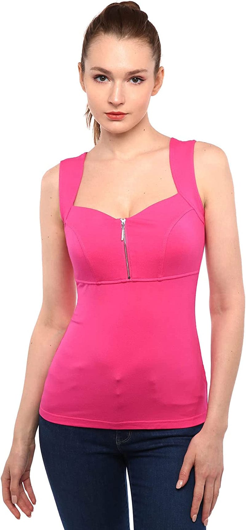Amélieboutik Women Queen Anne Neckline Zip Front V Neck Empire Waist Sleeveless Blouse Tank Top Rose Pink / Medium