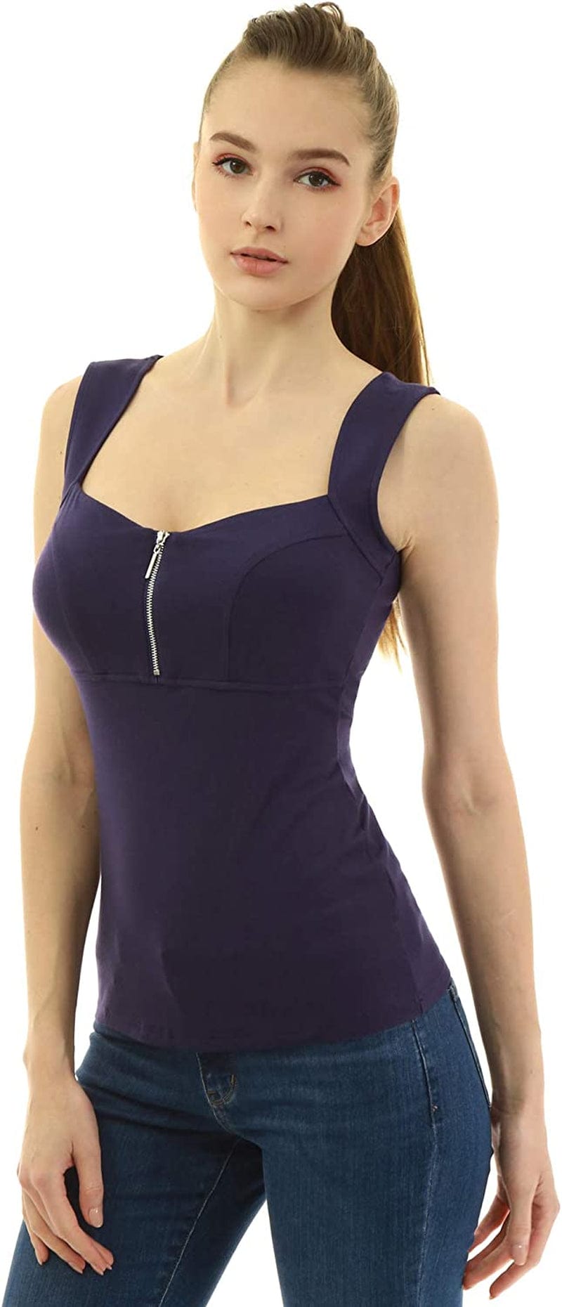 Amélieboutik Women Queen Anne Neckline Zip Front V Neck Empire Waist Sleeveless Blouse Tank Top Dark Indigo / Medium