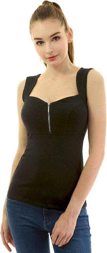 Amélieboutik Women Queen Anne Neckline Zip Front V Neck Empire Waist Sleeveless Blouse Tank Top