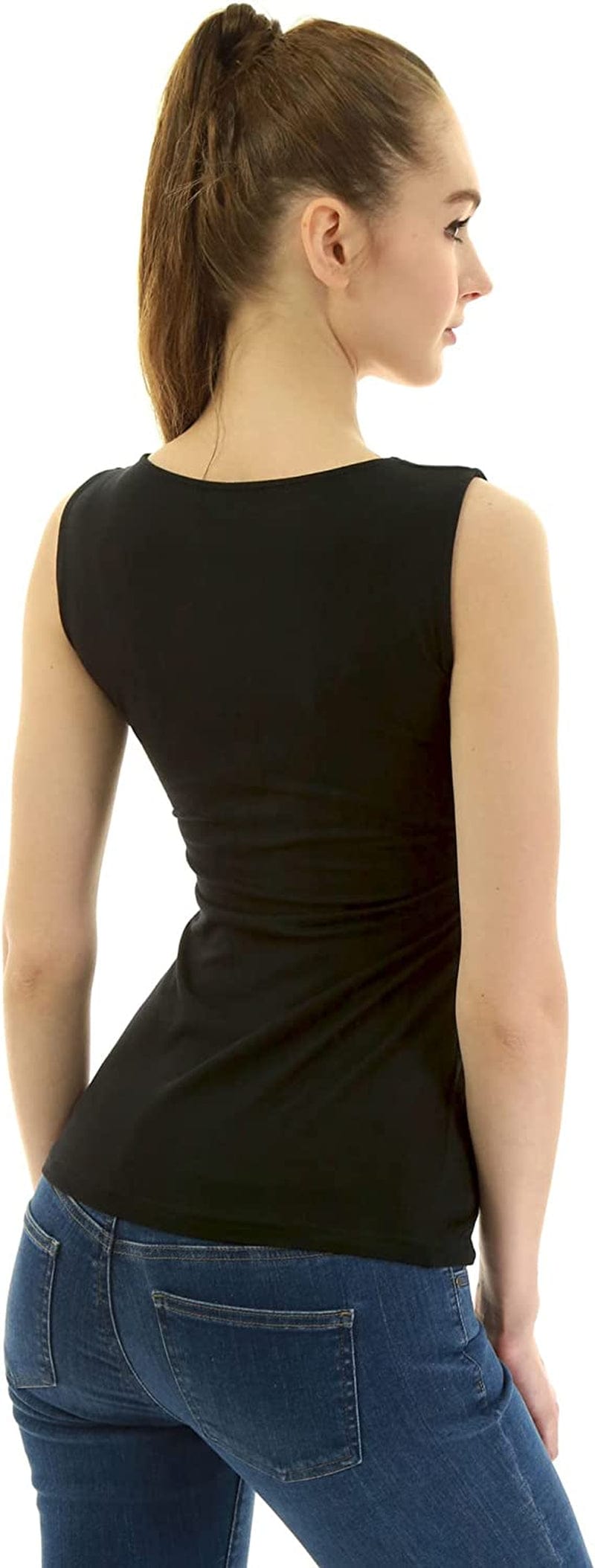 Amélieboutik Women Queen Anne Neckline Zip Front V Neck Empire Waist Sleeveless Blouse Tank Top
