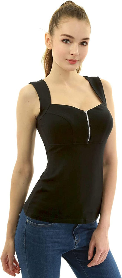 Amélieboutik Women Queen Anne Neckline Zip Front V Neck Empire Waist Sleeveless Blouse Tank Top