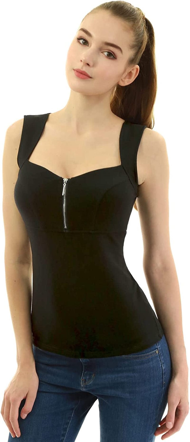 Amélieboutik Women Queen Anne Neckline Zip Front V Neck Empire Waist Sleeveless Blouse Tank Top Black / Medium