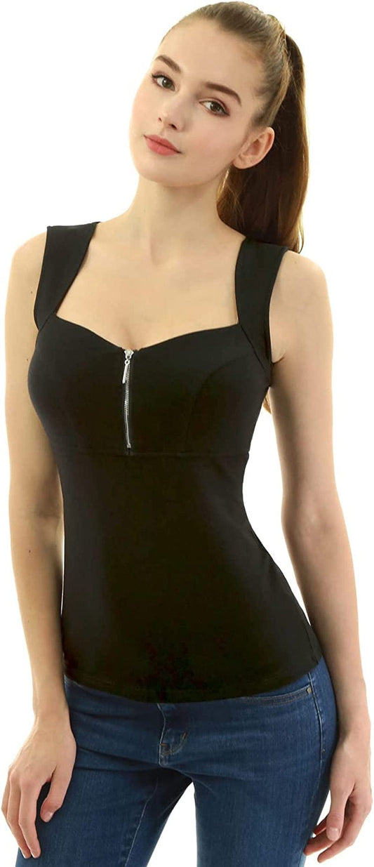 Amélieboutik Women Queen Anne Neckline Zip Front V Neck Empire Waist Sleeveless Blouse Tank Top Black / Medium