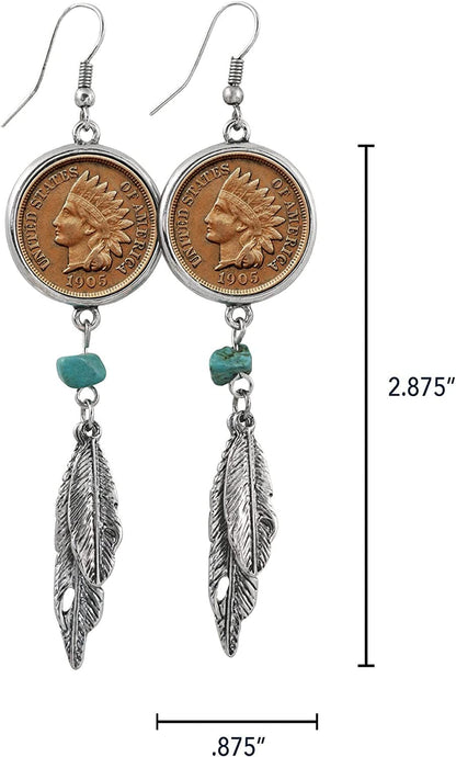 American Coin Treasures 100 Year Old Indian Head Penny Feather Silvertone Coin Earrings Apparel & Accessories > Jewelry > Earrings American Coin Treasures   