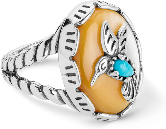 American West Sterling Silver Women'S Ring Blue Turquoise and Gold Mother of Pearl Gemstone Hummingbird Design Size 5 to 10 10