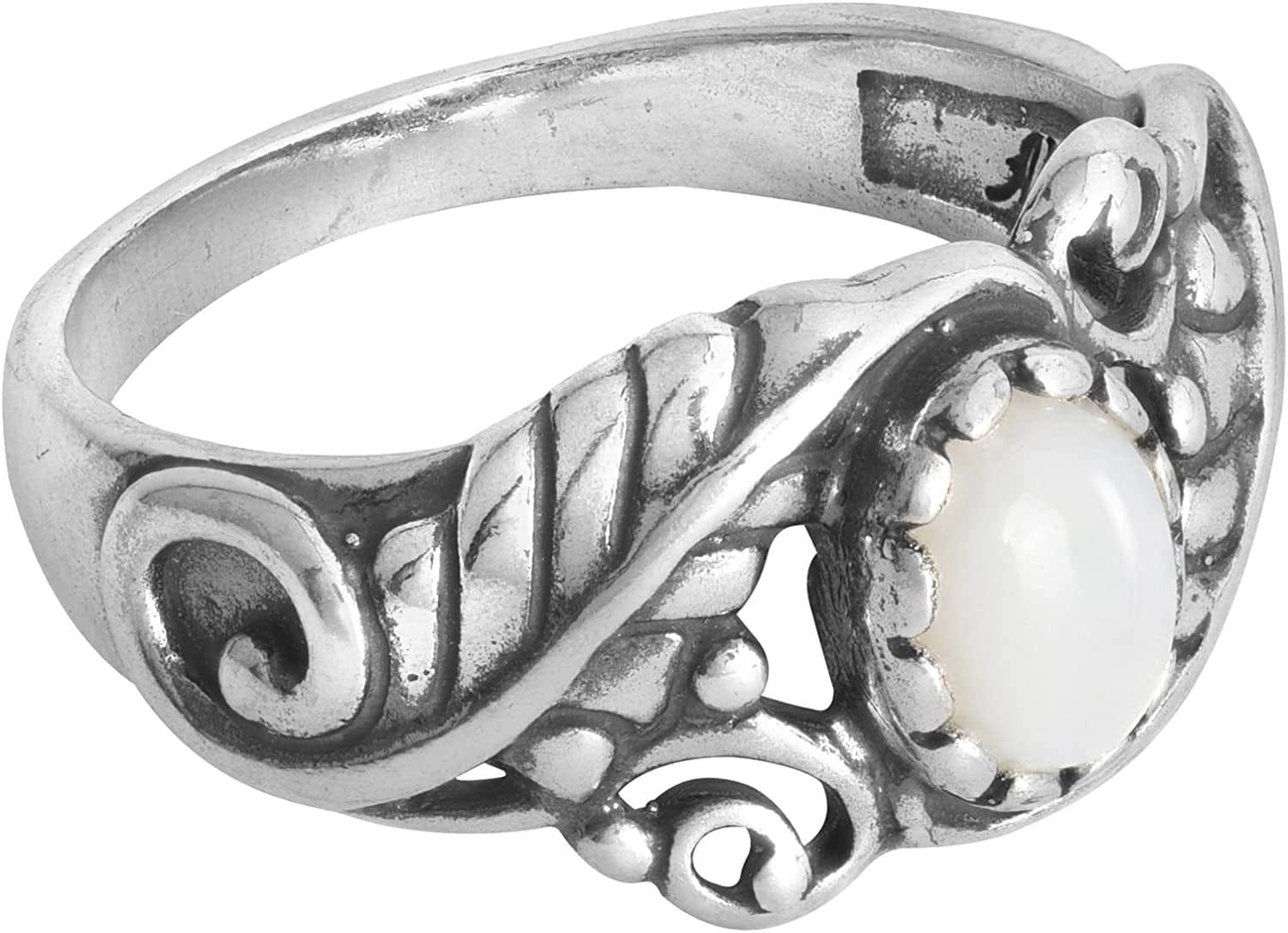 American West Sterling Silver Women'S Ring Choice of Gemstone Color Leaf Rosette Design Sizes 5 to 10 White Mother of Pearl / 10
