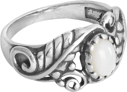 American West Sterling Silver Women'S Ring Choice of Gemstone Color Leaf Rosette Design Sizes 5 to 10 White Mother of Pearl / 10