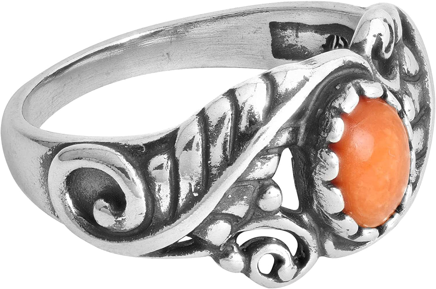 American West Sterling Silver Women'S Ring Choice of Gemstone Color Leaf Rosette Design Sizes 5 to 10 Orange Spiny / 10