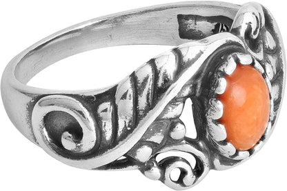 American West Sterling Silver Women'S Ring Choice of Gemstone Color Leaf Rosette Design Sizes 5 to 10 Orange Spiny / 10