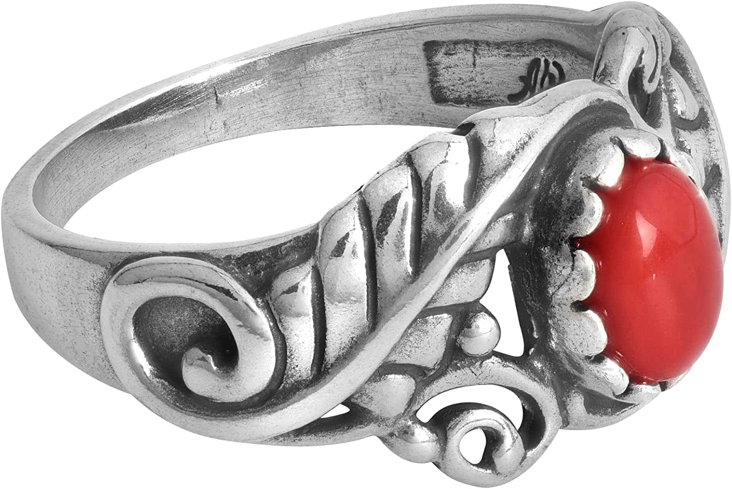 American West Sterling Silver Women'S Ring Choice of Gemstone Color Leaf Rosette Design Sizes 5 to 10 Red Coral / 8