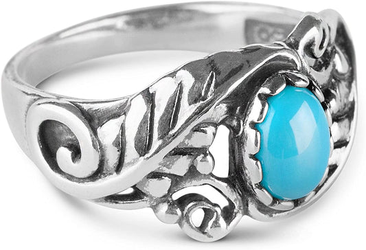 American West Sterling Silver Women'S Ring Choice of Gemstone Color Leaf Rosette Design Sizes 5 to 10 Sleeping Beauty Turquoise / 8