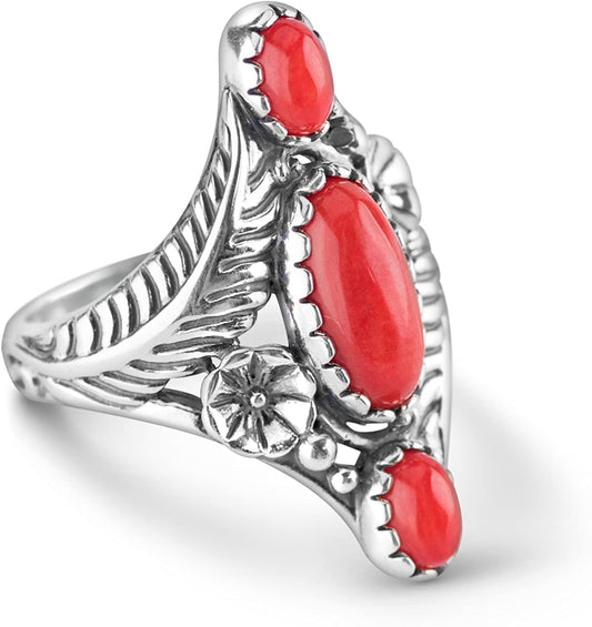 American West Sterling Silver Women'S Statement Ring Red Coral Gemstone Leaf Flower Elongated Design Size 5 to 10 6