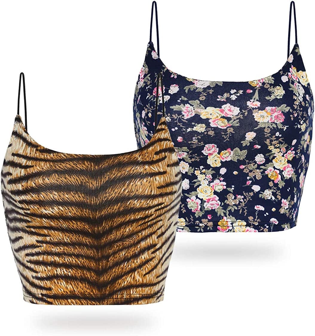 Amilia Women'S Basic Solid Cami Spaghetti Double Layer Crop Tank Top Floral&tiger / Large