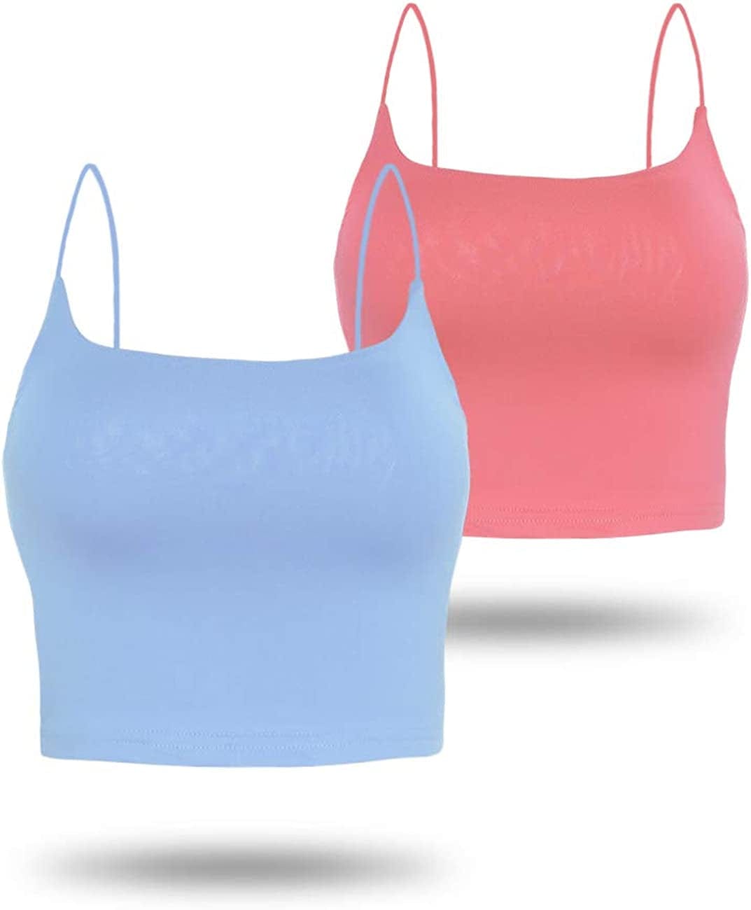 Amilia Women'S Basic Solid Cami Spaghetti Double Layer Crop Tank Top Coral&light Blue / Large