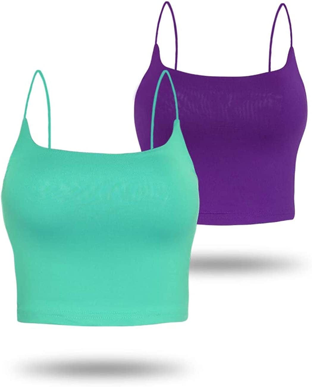 Amilia Women'S Basic Solid Cami Spaghetti Double Layer Crop Tank Top Green&violet / Large
