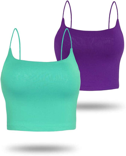 Amilia Women'S Basic Solid Cami Spaghetti Double Layer Crop Tank Top Green&violet / Large