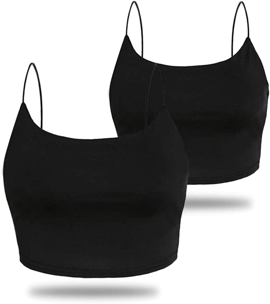 Amilia Women'S Basic Solid Cami Spaghetti Double Layer Crop Tank Top Black&black / X-Large