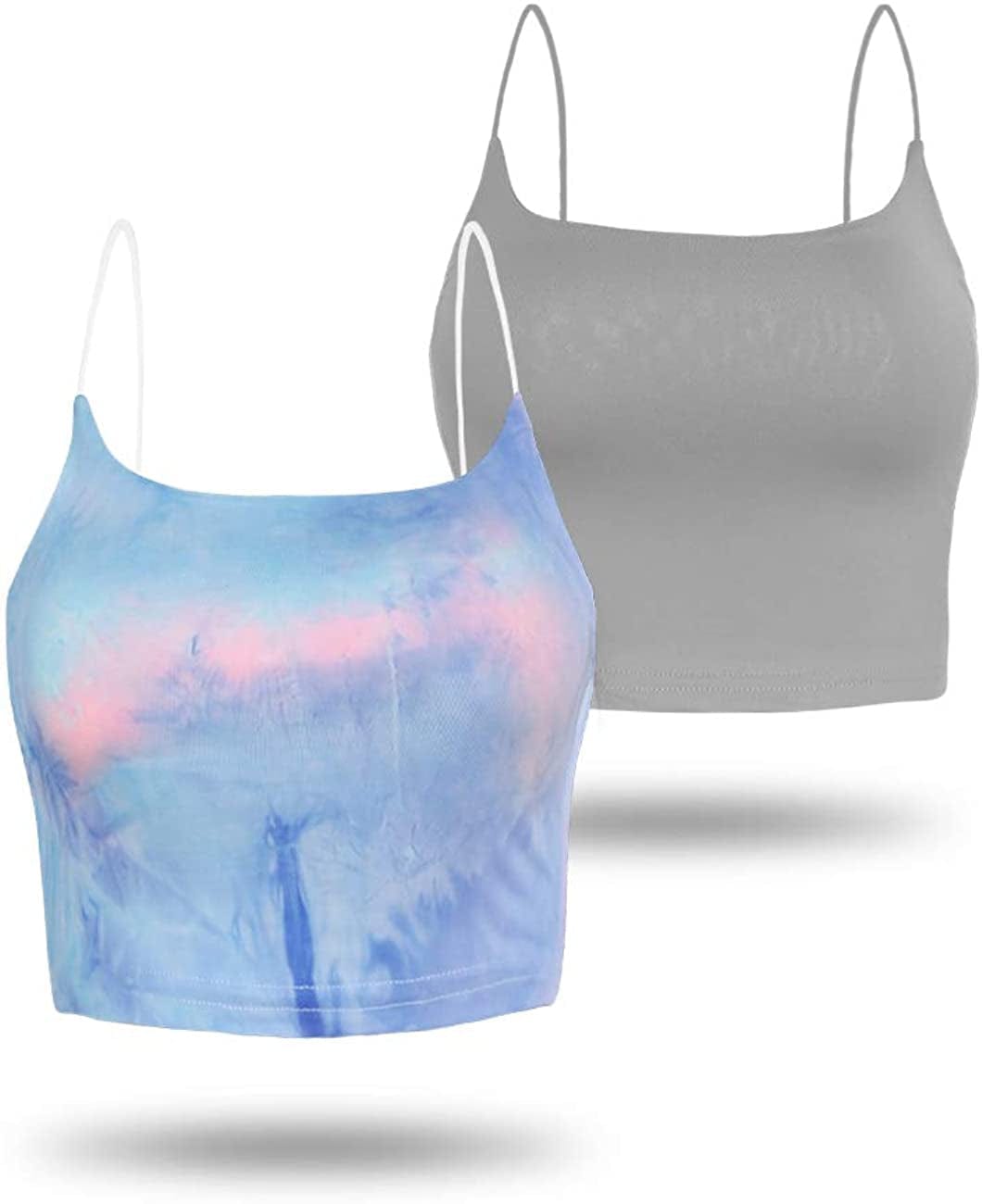 Amilia Women'S Basic Solid Cami Spaghetti Double Layer Crop Tank Top Grey&tie Dye / Small