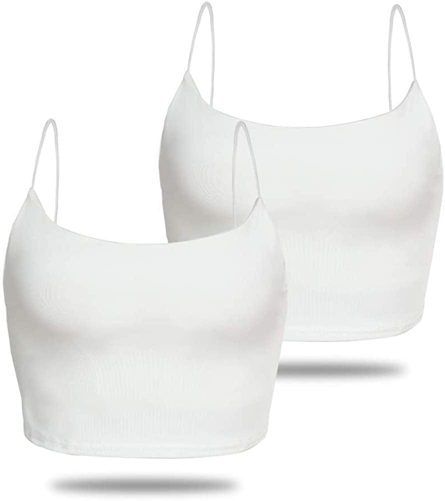 Amilia Women'S Basic Solid Cami Spaghetti Double Layer Crop Tank Top White&white / Large