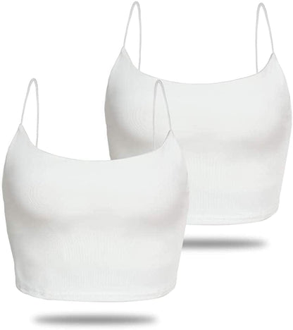 Amilia Women'S Basic Solid Cami Spaghetti Double Layer Crop Tank Top White&white / Large