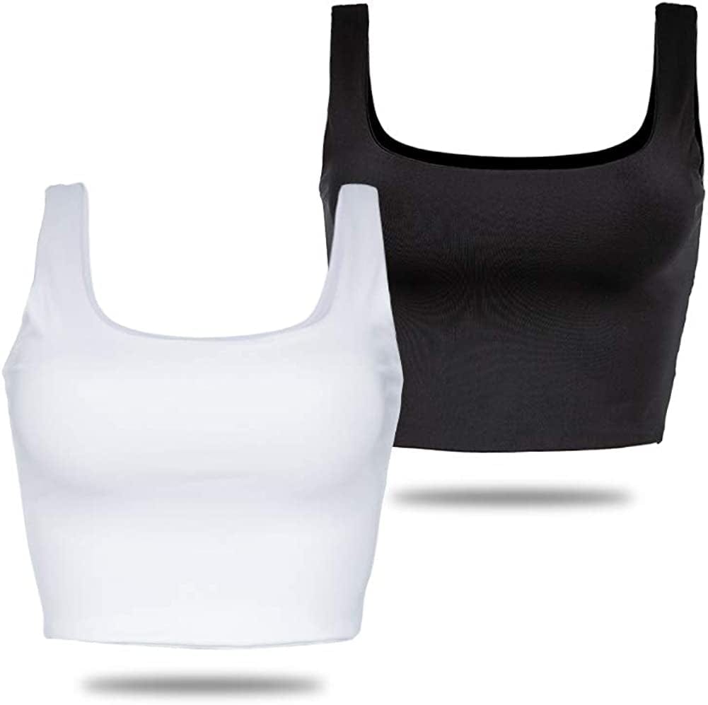 Amilia Women'S Basic Solid Cami Spaghetti Double Layer Crop Tank Top Black&white Scoop Neck / Large