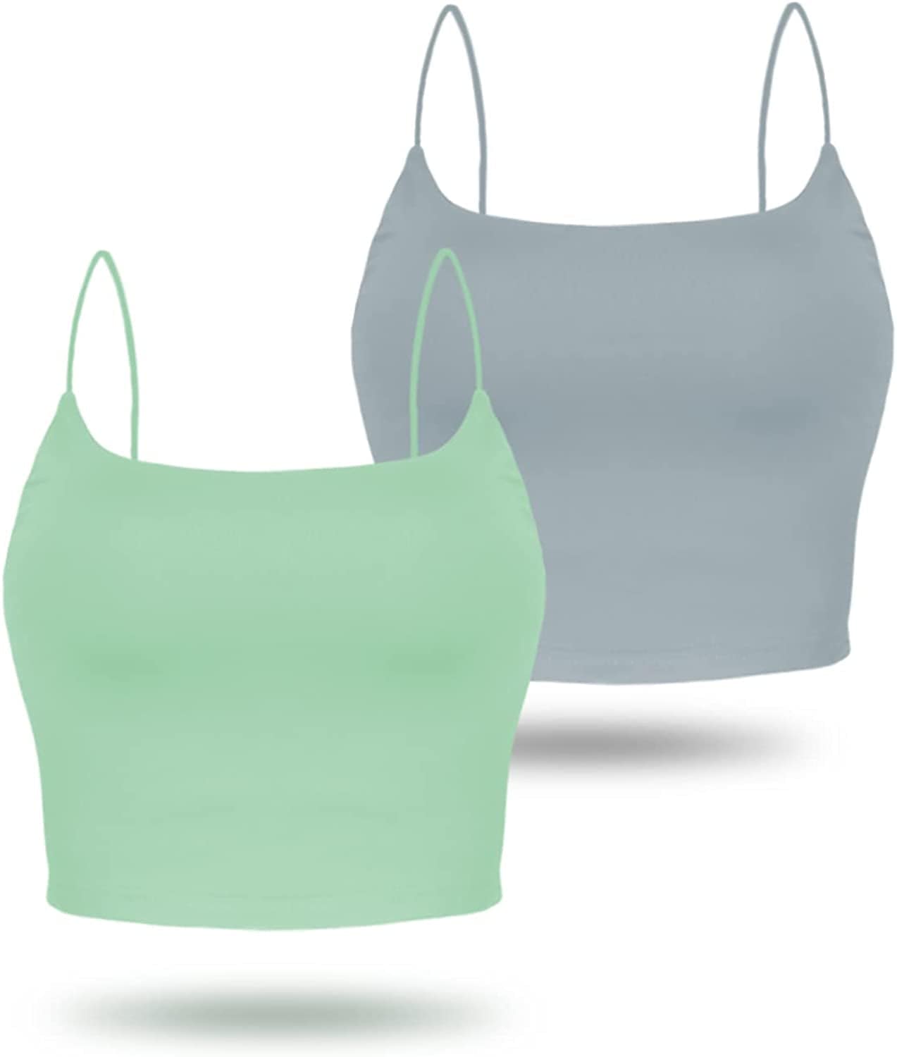 Amilia Women'S Basic Solid Cami Spaghetti Double Layer Crop Tank Top Light Green&blue Grey / Large