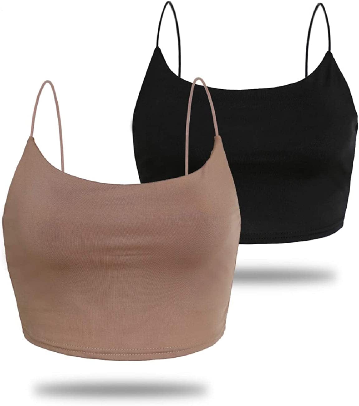 Amilia Women'S Basic Solid Cami Spaghetti Double Layer Crop Tank Top Black&light Brown / Large