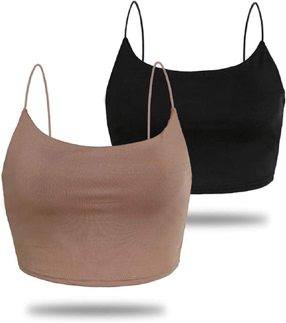 Amilia Women'S Basic Solid Cami Spaghetti Double Layer Crop Tank Top Black&light Brown / Large