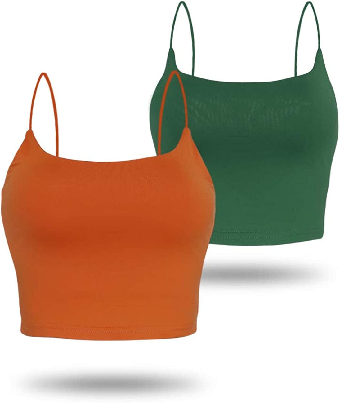 Amilia Women'S Basic Solid Cami Spaghetti Double Layer Crop Tank Top Dark Green&tangerine / Large
