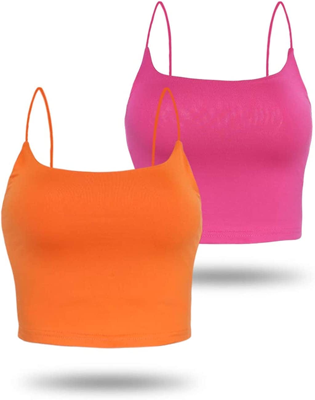 Amilia Women'S Basic Solid Cami Spaghetti Double Layer Crop Tank Top Rose Red&orange / Large