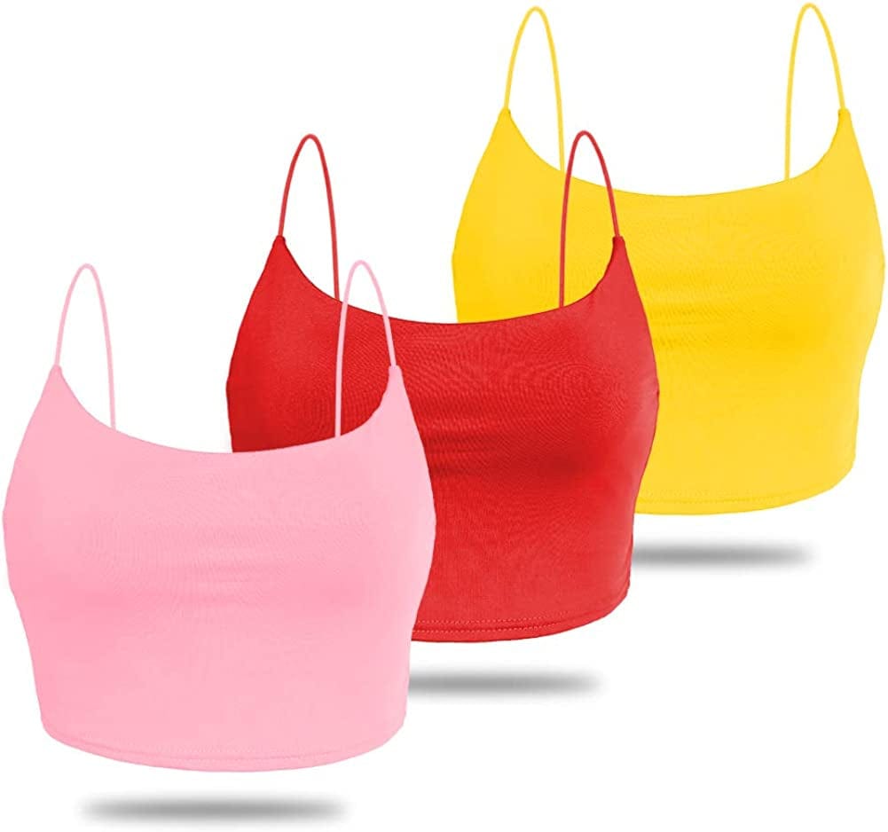 Amilia Women'S Basic Solid Cami Spaghetti Double Layer Crop Tank Top Red&pink&yellow / Large