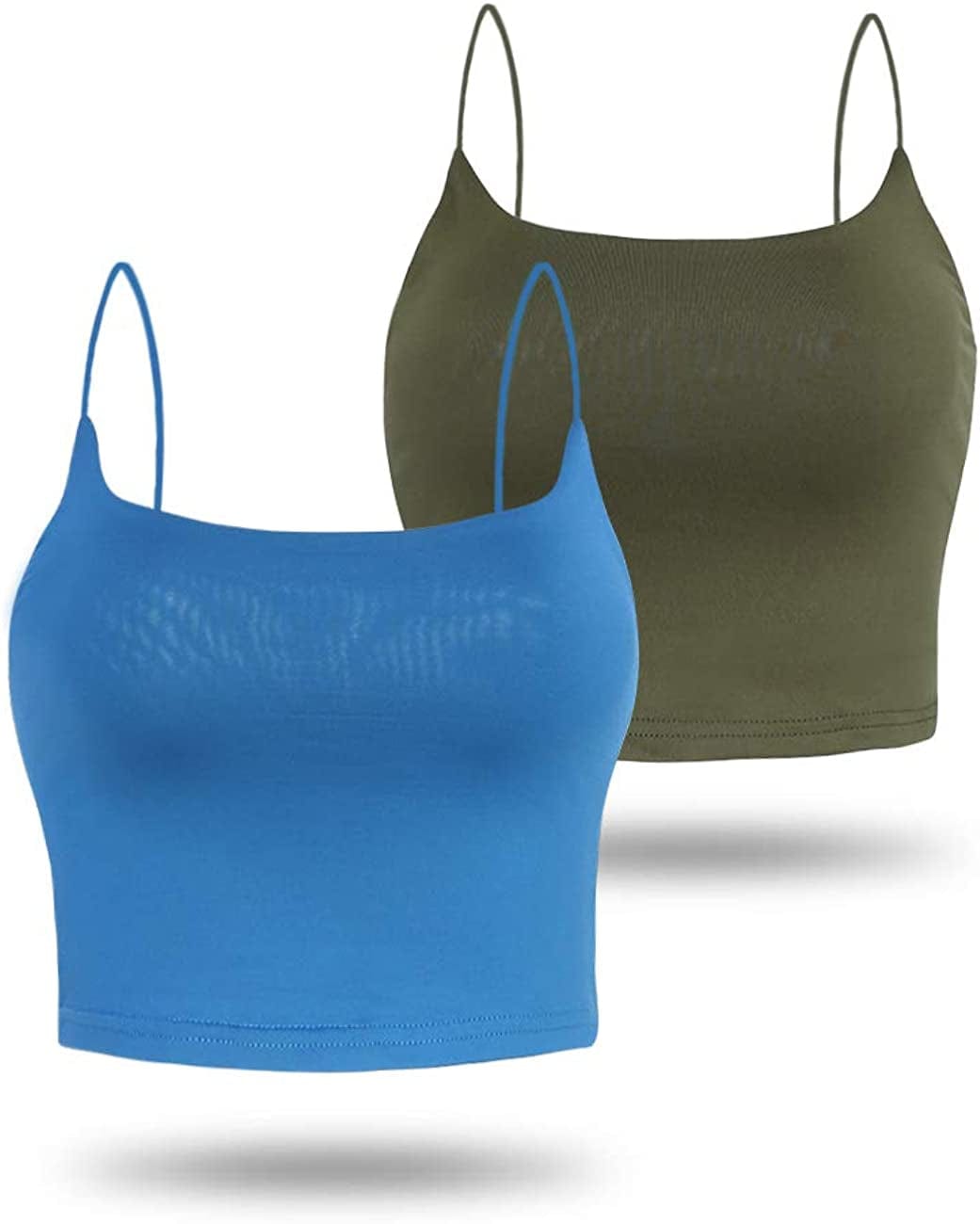 Amilia Women'S Basic Solid Cami Spaghetti Double Layer Crop Tank Top Olive&blue / Large