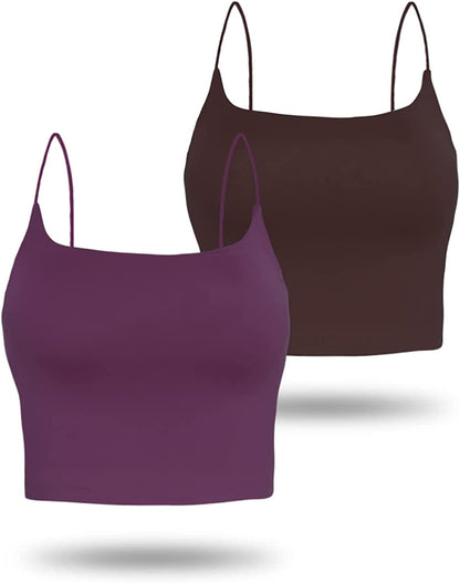 Amilia Women'S Basic Solid Cami Spaghetti Double Layer Crop Tank Top Plum&coffee / X-Large