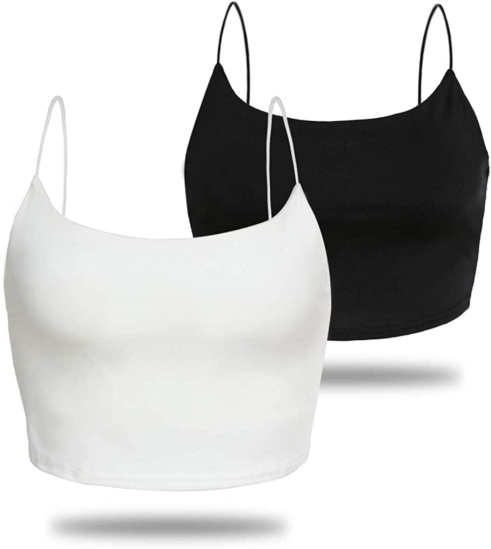 Amilia Women'S Basic Solid Cami Spaghetti Double Layer Crop Tank Top Black&white / Large