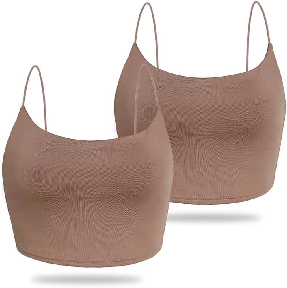 Amilia Women'S Basic Solid Cami Spaghetti Double Layer Crop Tank Top Light Brown&light Brown / Large