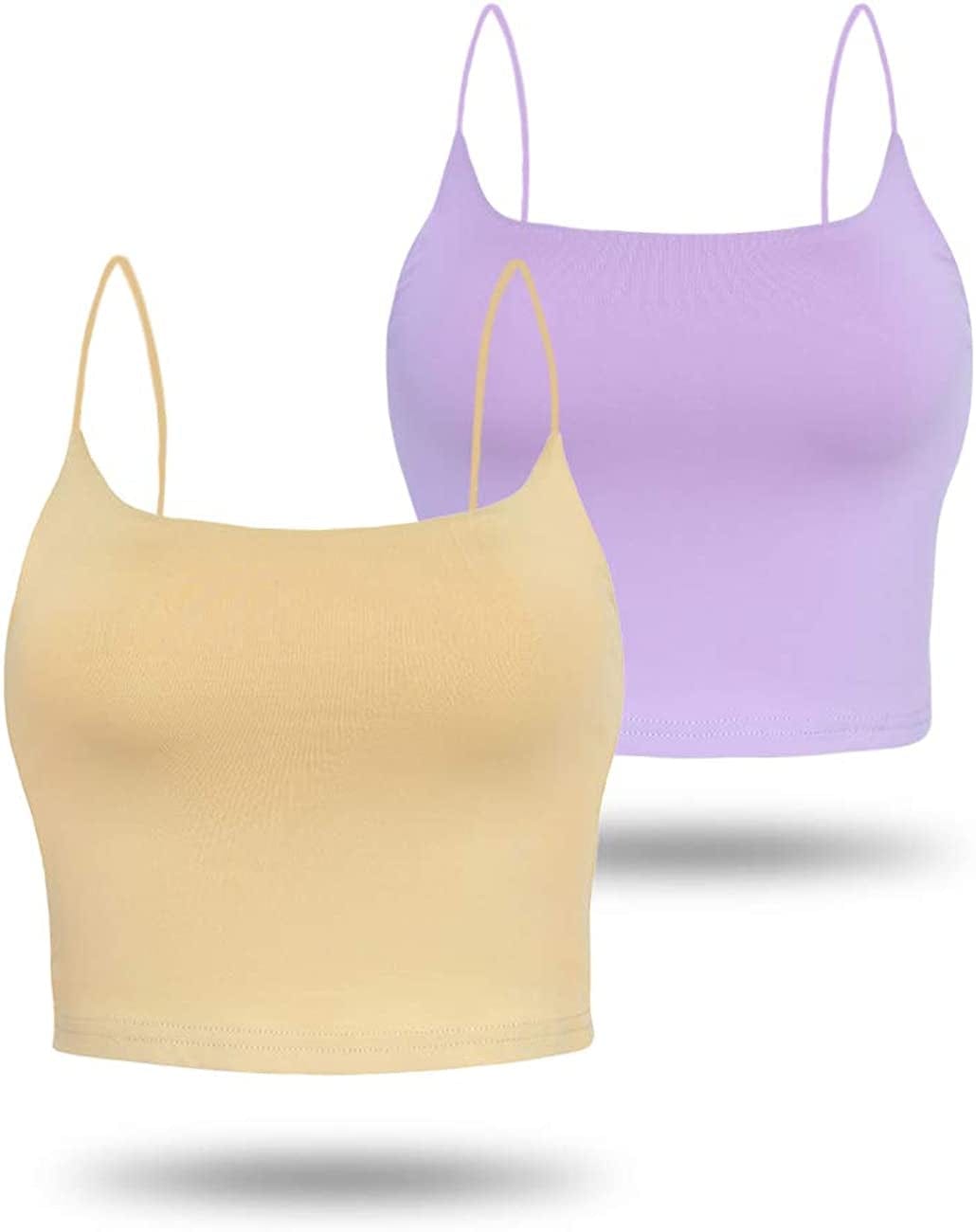 Amilia Women'S Basic Solid Cami Spaghetti Double Layer Crop Tank Top Lavender&beige / Large