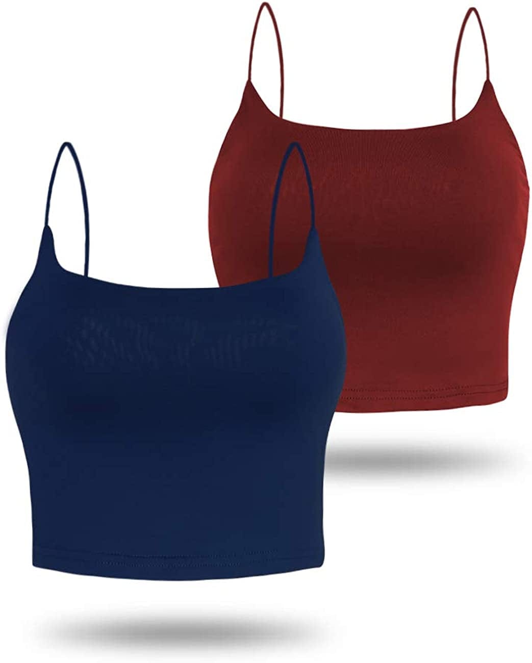 Amilia Women'S Basic Solid Cami Spaghetti Double Layer Crop Tank Top Burgundy&navy / X-Large