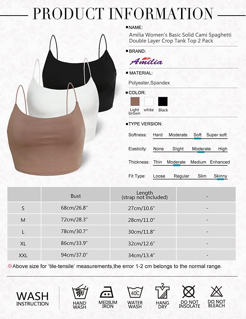 Amilia Women'S Basic Solid Cami Spaghetti Double Layer Crop Tank Top