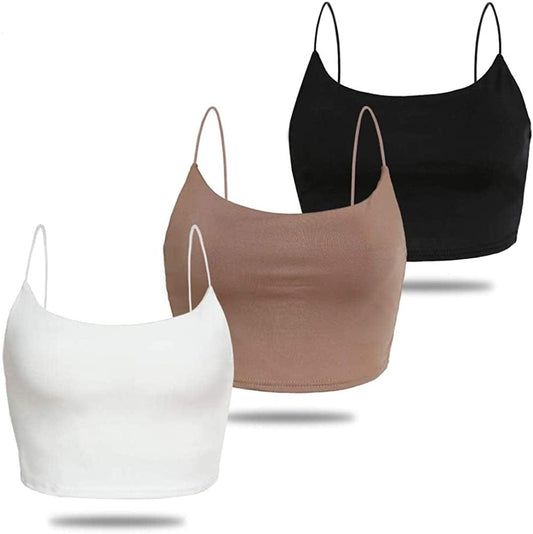 Amilia Women'S Basic Solid Cami Spaghetti Double Layer Crop Tank Top Black&white&light Brown / Large